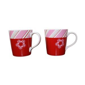 Starbucks Holiday 2007 Ceramic Mugs Red & Pink Candy Cane Stripe Design Set Of 2